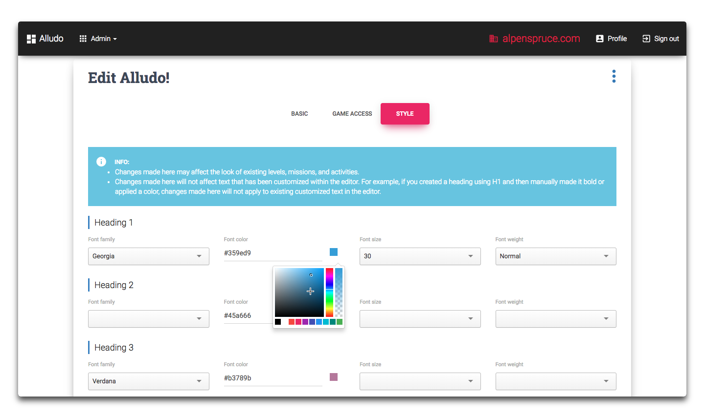  Click on the Style tab, customize the styles, and click update. 