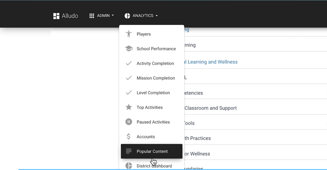 Alludo Analytics menu with player, school, activity and content reports